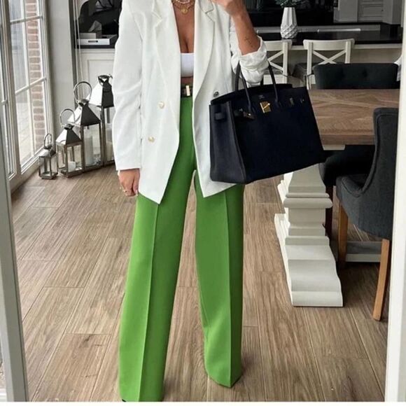 ZARA PLEATED MID RISE PANTS APPLE GREEN - Picture 2 of 6